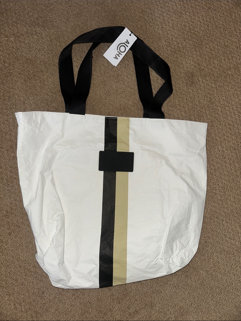 ALOHA Collection White Tote with Black Handles and Beige/Black Center Stripes
